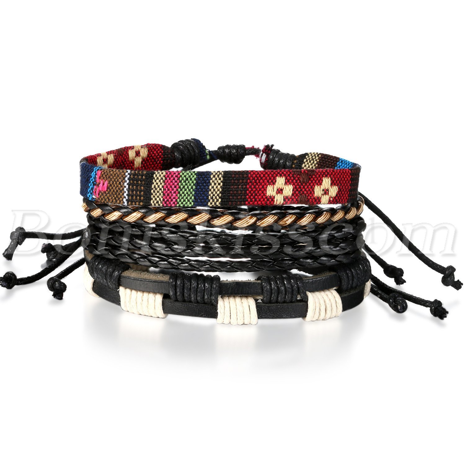 4pcs Fashion Handmade Retro Multilayer Leather Bracelet Cuff Wrap Set Adjustable
