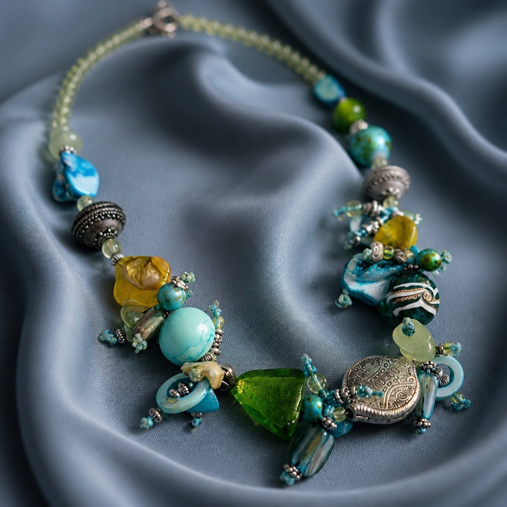 Abstract Necklace Blue Green 9in