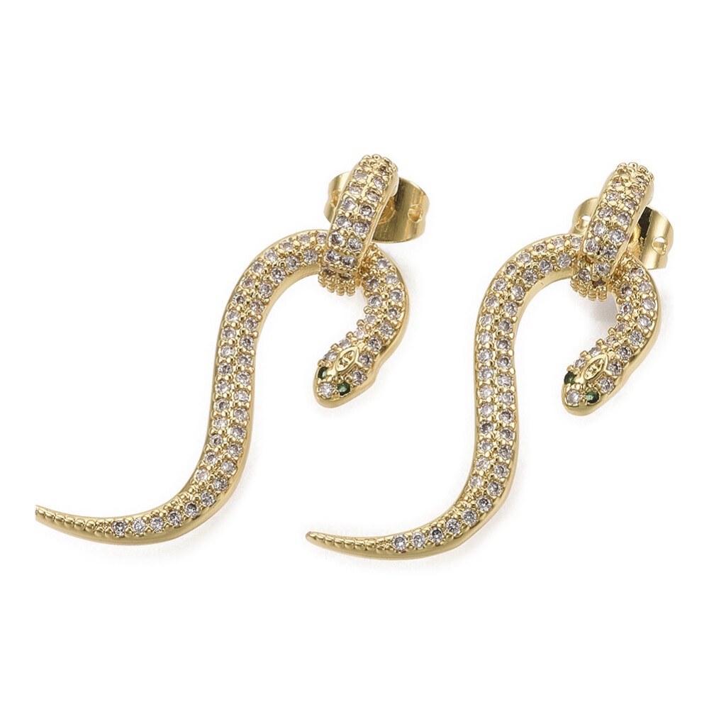 Cubic Zirconia Stud Earrings Backs Snake Real 16K Gold 30x11mm 0.7mm Z363