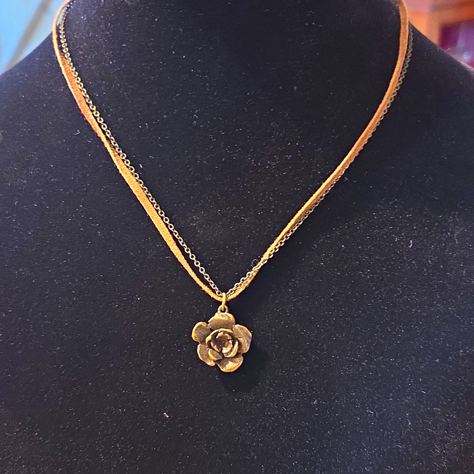 Gold Tone & Suede Double Chain Necklace Flower Charm Pendant Adjustable Lobster