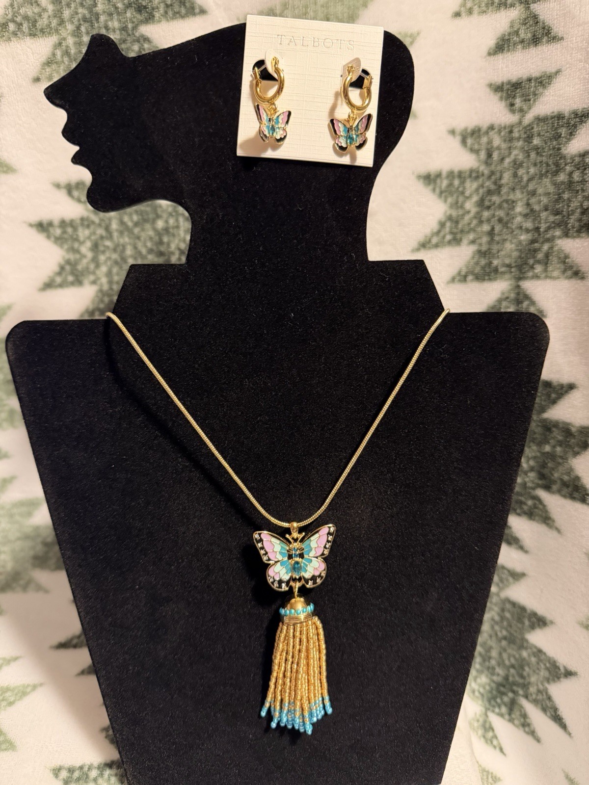 Talbots Butterfly Jewelry Set Necklace & Earrings Gold, Blue, Green and Pink