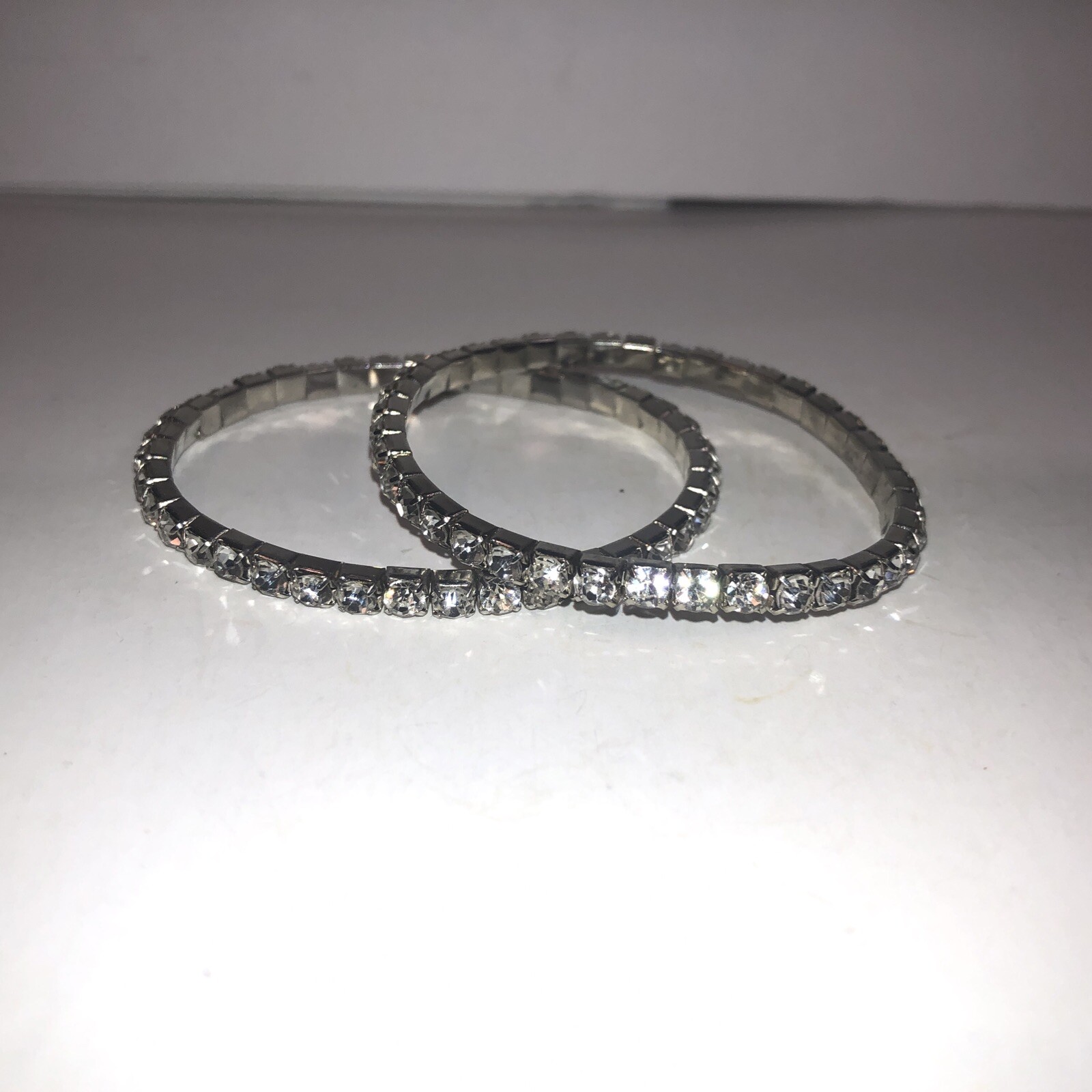 Clear Rhinestone Stretch Tennis Bracelets 6 Inches Silver Toned Set of 2