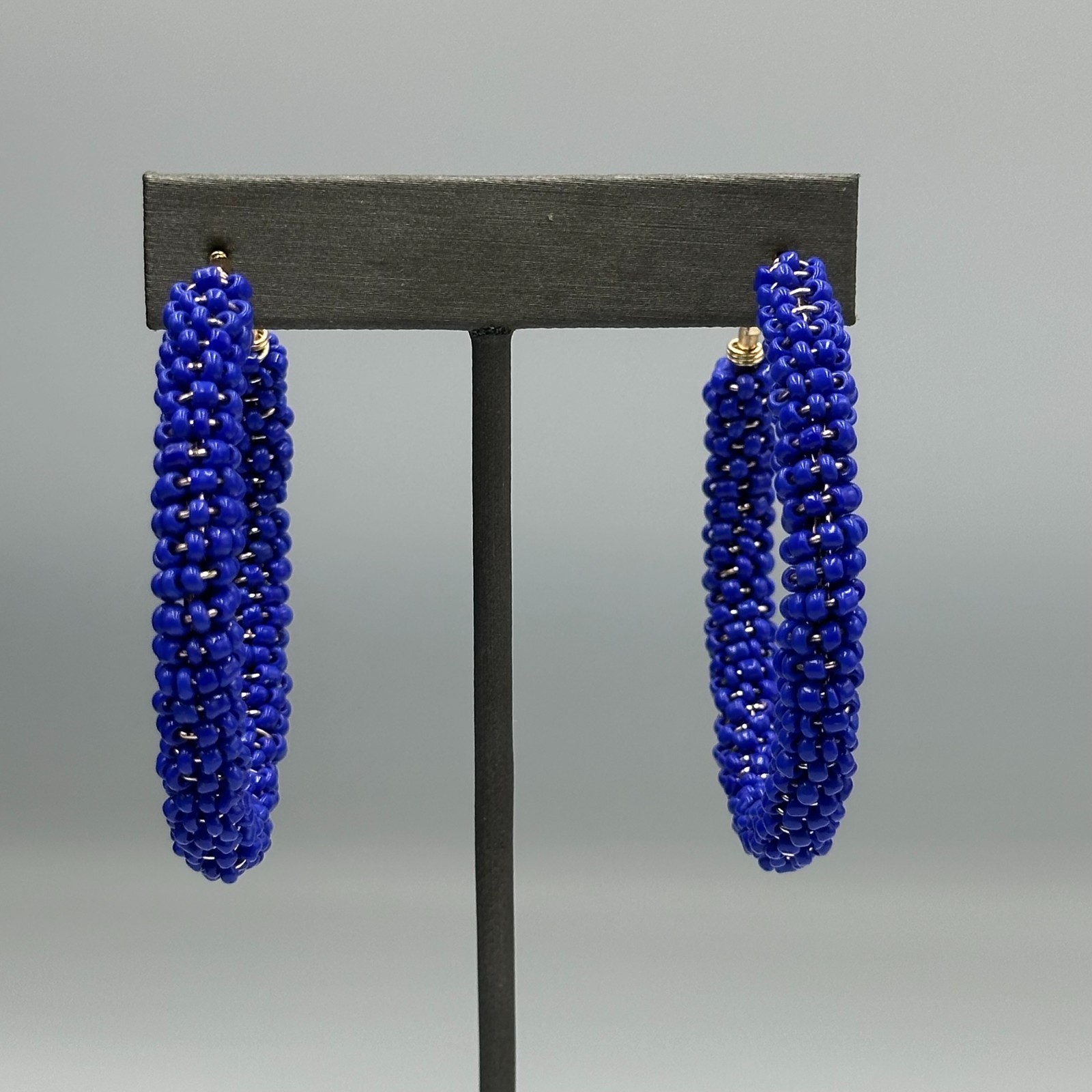 Blue Beaded Hoop Earrings Gold Tone Seed Beads Wire Wrapped Chunky Statement