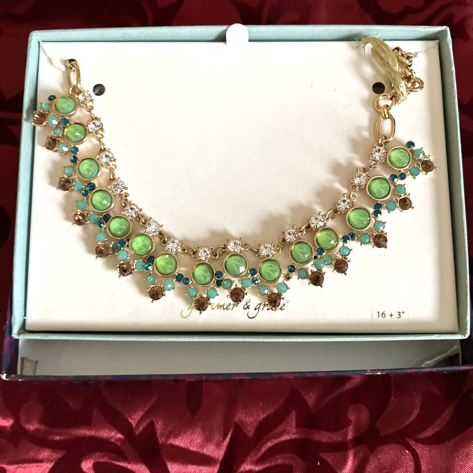 NEW~GLIMMER & GRACE~Gold Tone Statement Necklace Jewelry Multi Colors Stones