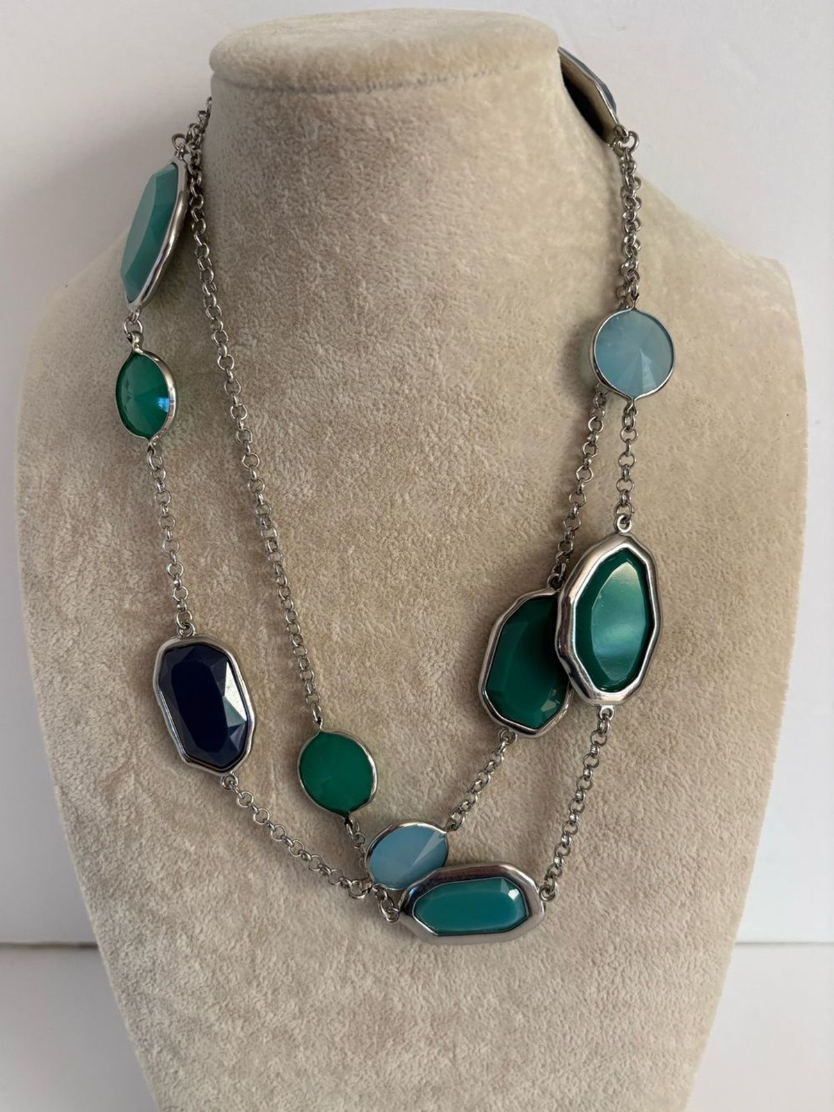 Premier Designs Teal Blue Station Necklace Silver Tone Faceted Stone Necklace