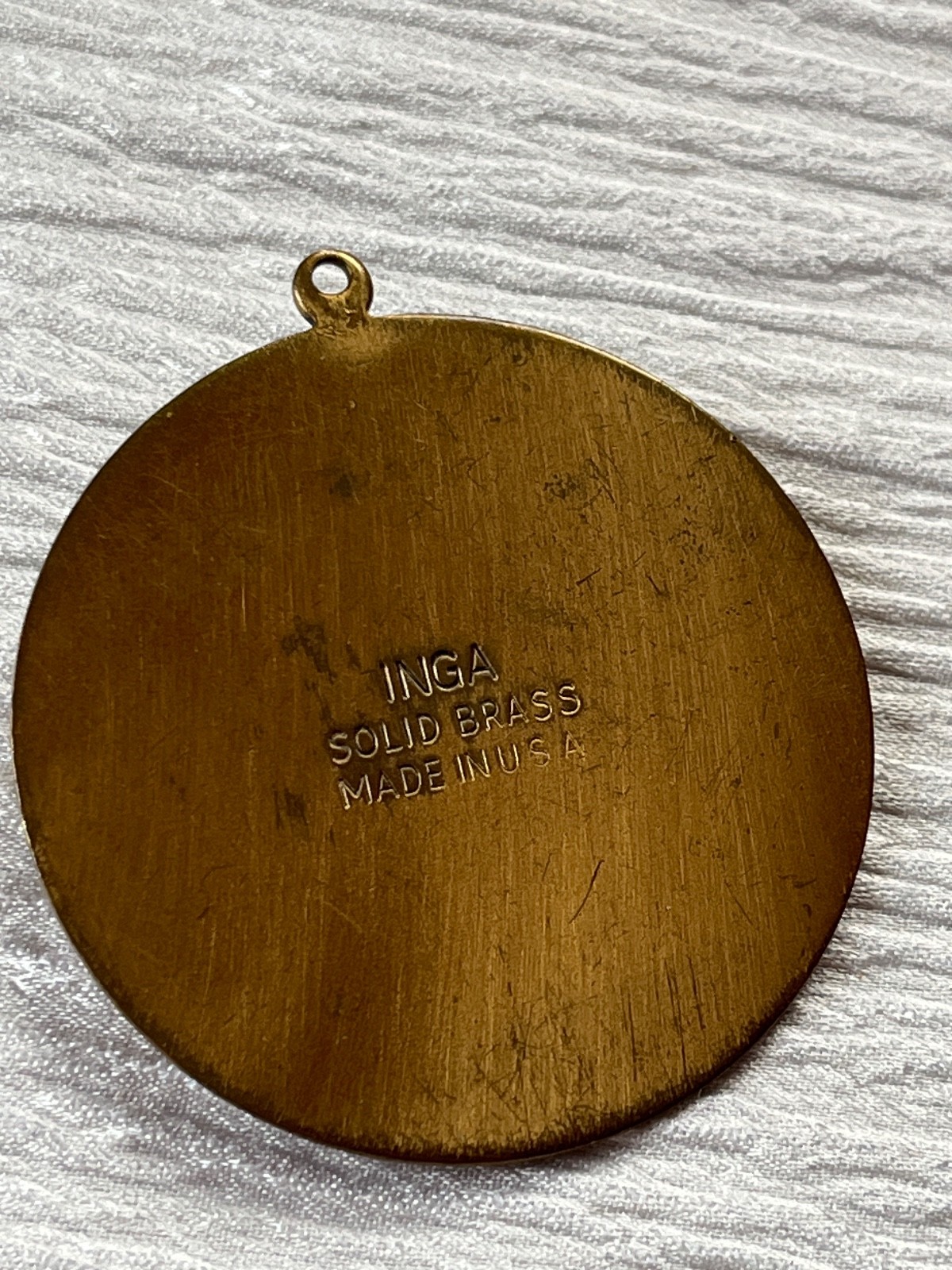 Vintage Large Inga Solid Brass Made in USA Horse Head Circular Pendant – nearly