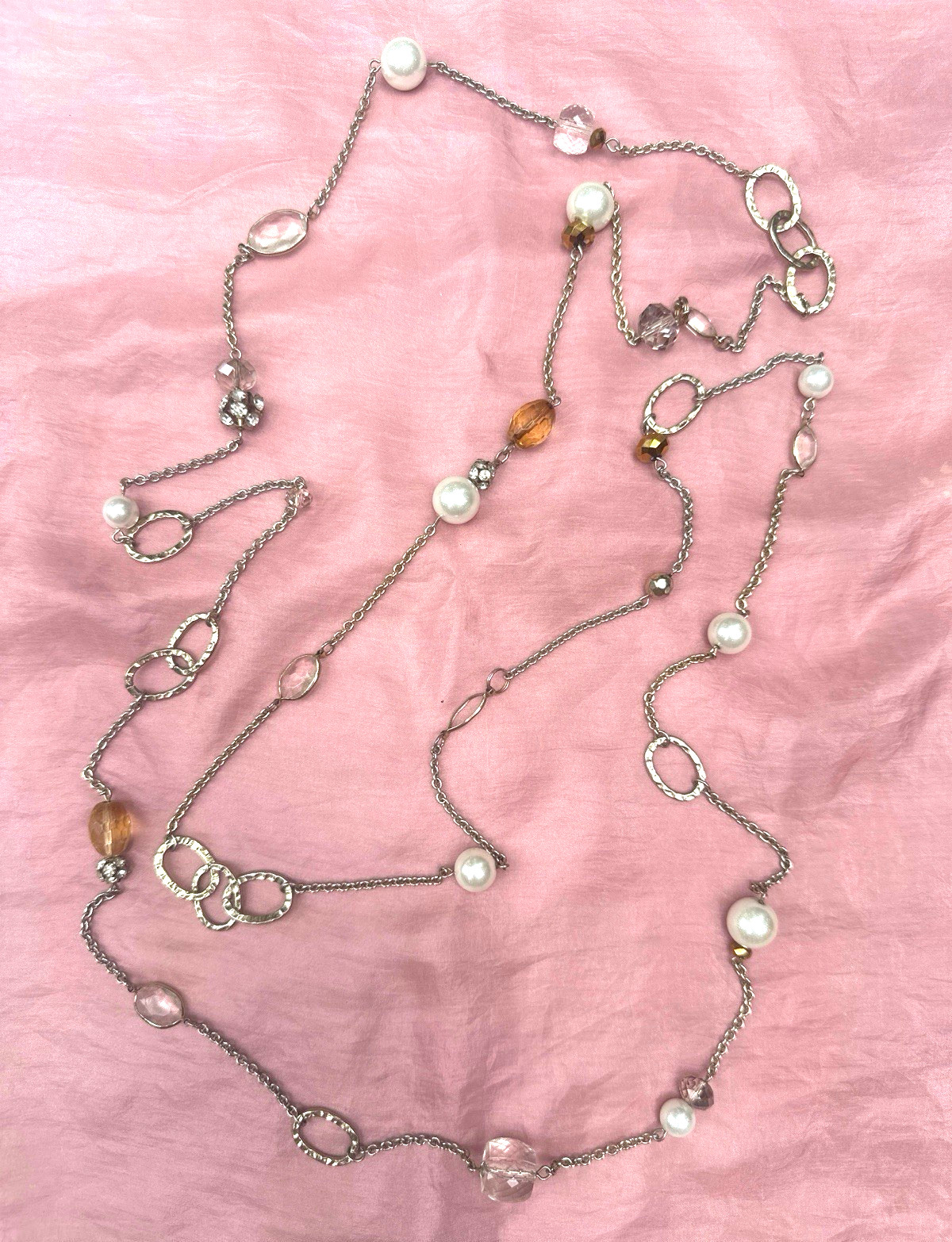 Silver Tone Vintage Style 72” Pearl Clear Crysta Station Necklace Hammered Link