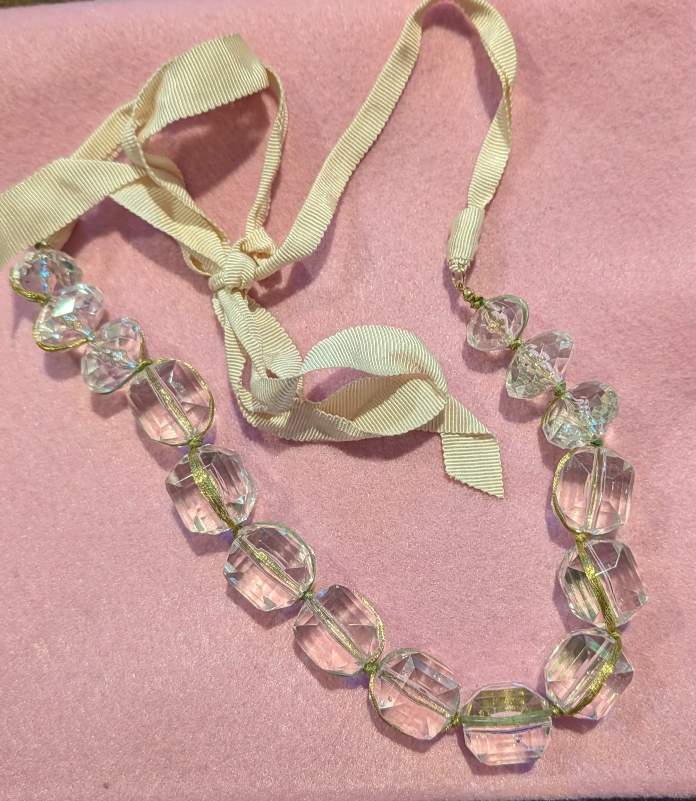 Clear Faceted Crystal Beaded Necklace Cream Ribbon Tie Adjustable Closure