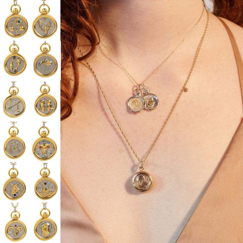 12 Zodiac Sign Constellation Charm Pendant Astrology Necklace Round Circle Chain
