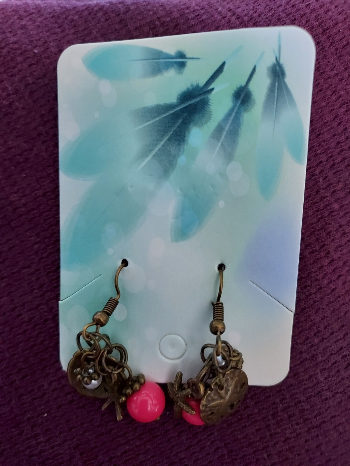 Costume Jewelry, Earrings,Bronze W/Pink&Pearl Beads,Summer BeachTheme,(Item 103)