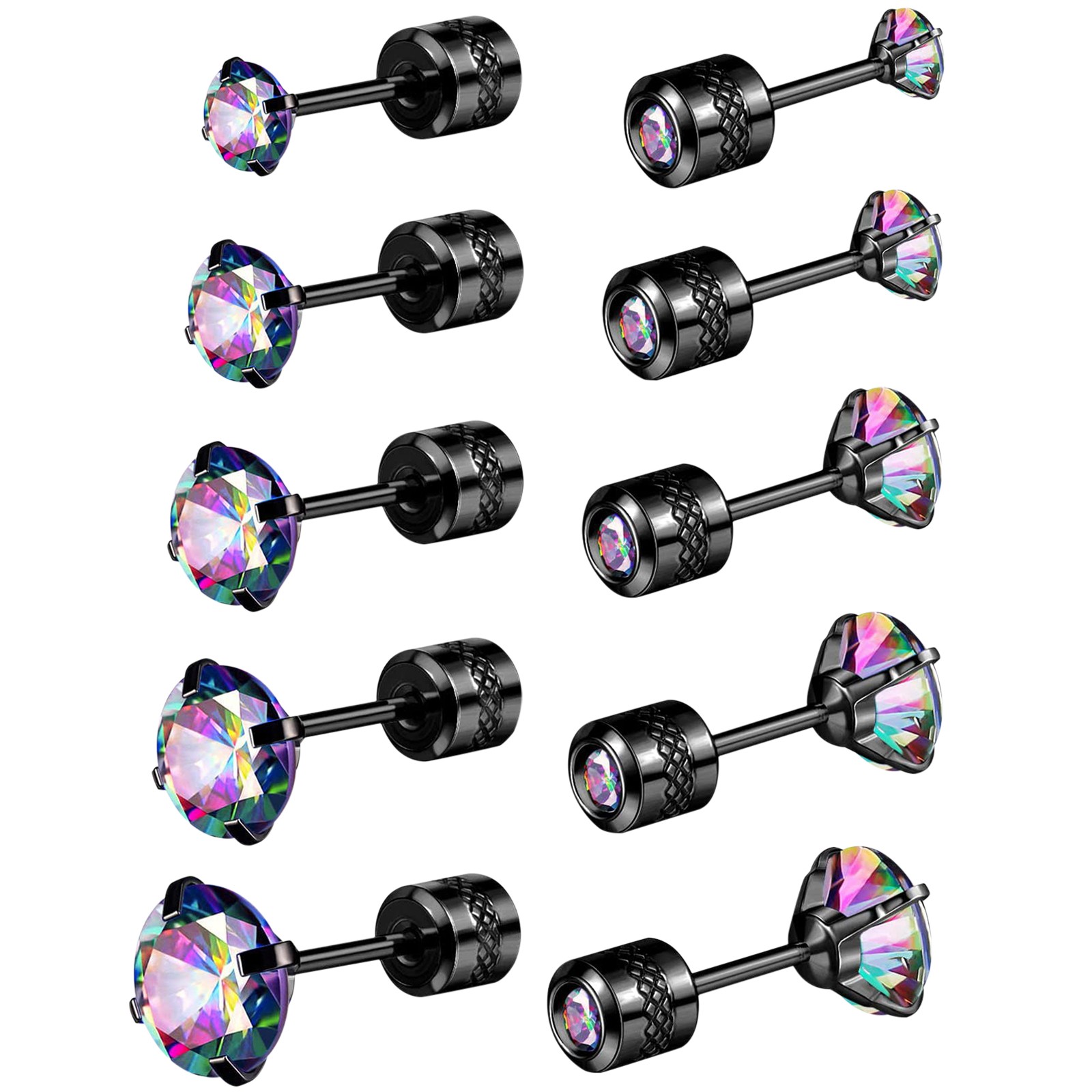 5Pairs 20G Stainless Steel CZ Screw Back Stud Pierced Earrings Hypoallergenic