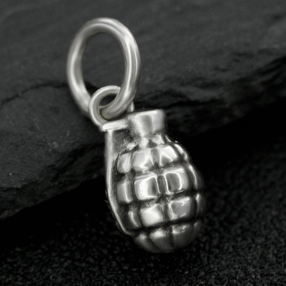 Real Solid 925 Sterling Silver 3D Hand Grenade Charm Military Weapon Ammunition