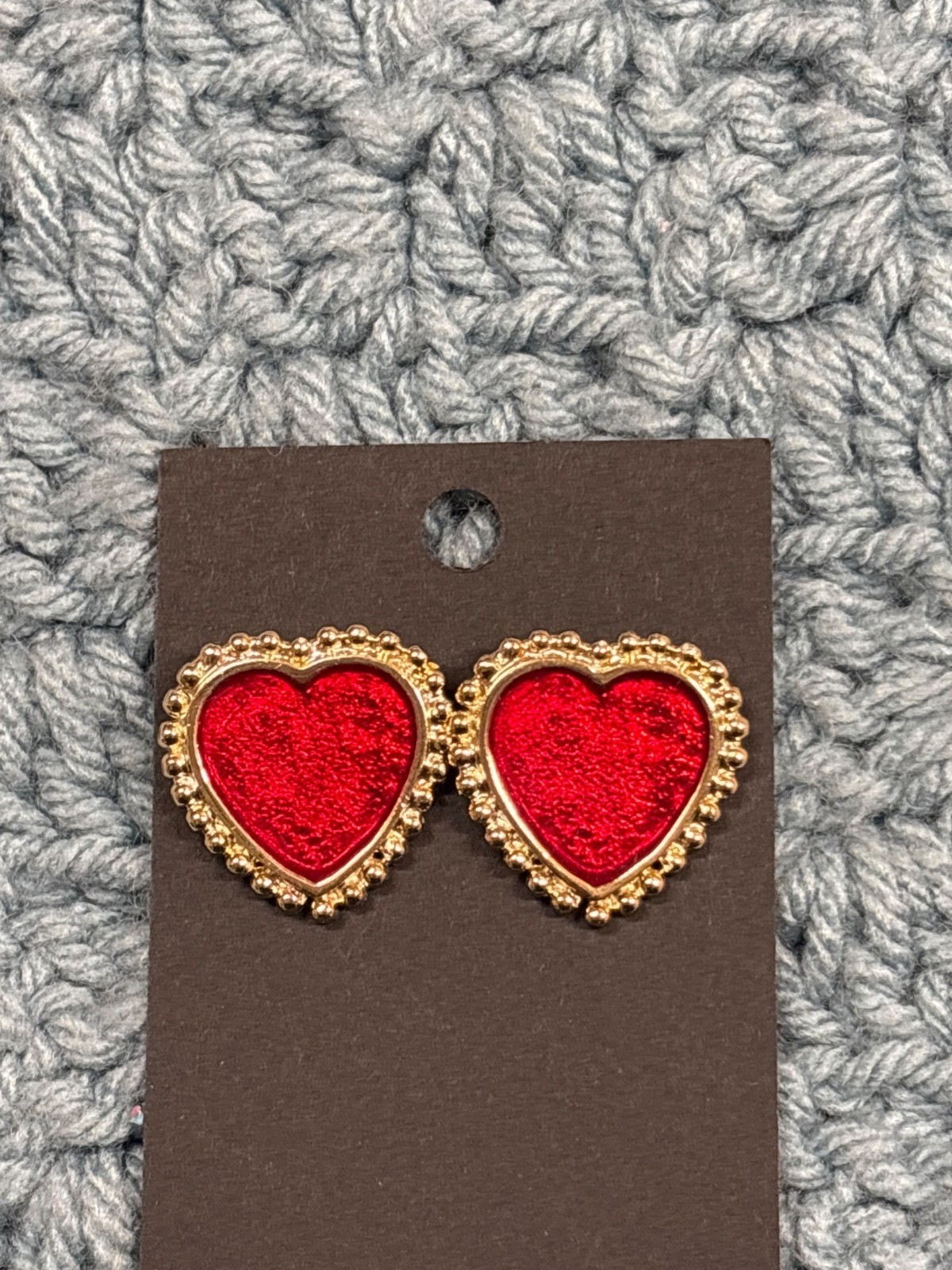 Red Enamel Goldtone Heart Stud Earrings 7/8 inch