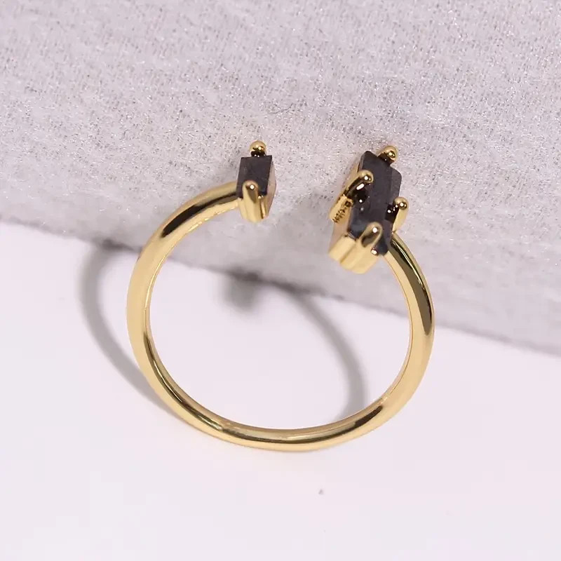 Black Obsidian Bar Ring 18K Gold Dainty Minimalist Healing Women Open Size Ring