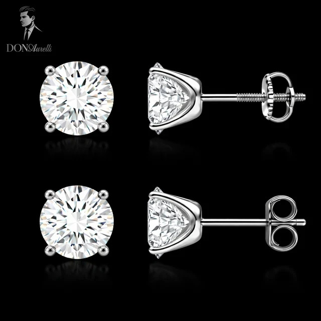 Cubic Zirconia Solitaire Stud Earrings 925 Sterling Silver Push Back
