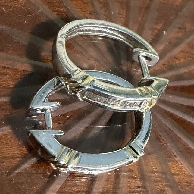 Vintage 14K White Gold Baguette Diamond Huggie Hoop Earrings (4.6 Grams)
