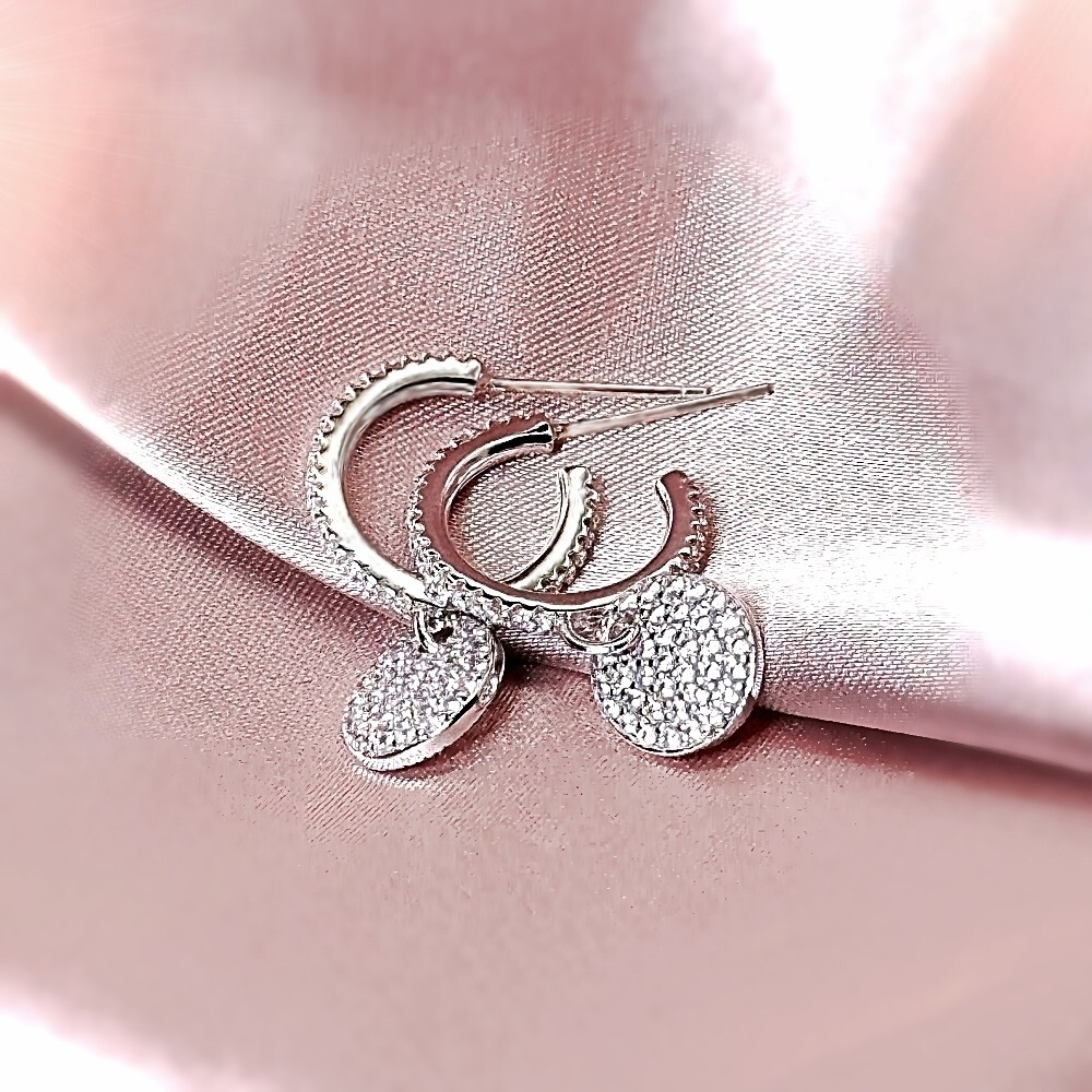 Pave set disc made with SWAROVSKI crystal 18k white gold gf open hoop earrings