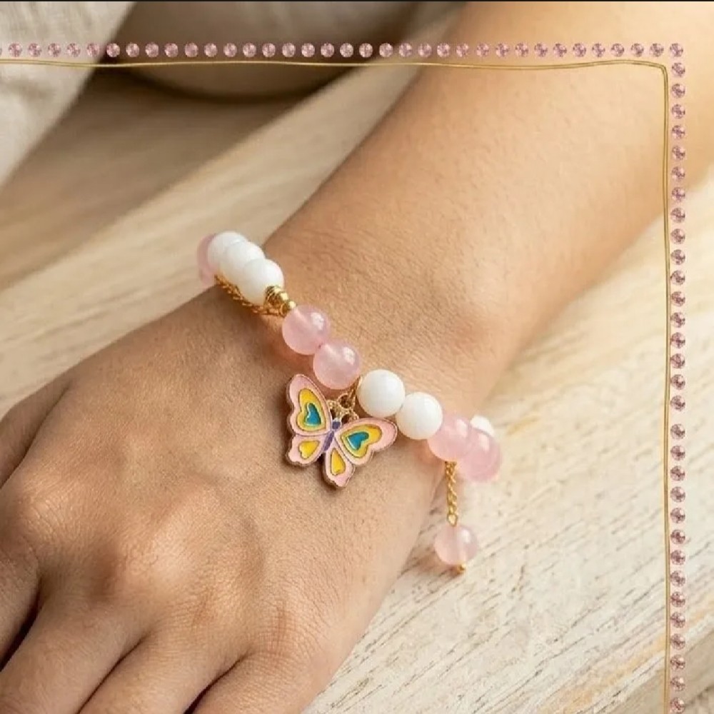 Pink Butterfly Charm Beaded Bracelet Stretch Elastic Cute Fashion Jewelry Gift