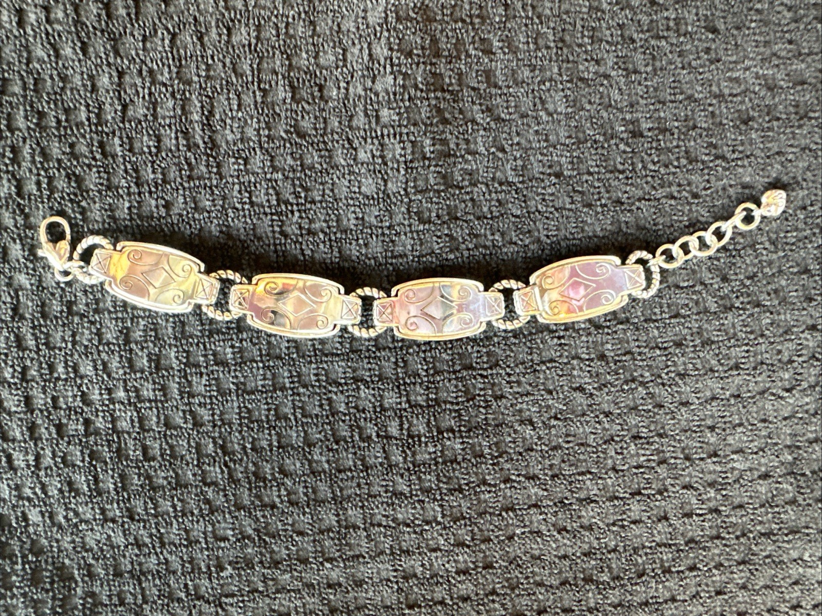 Brighton silver scroll link bracelet, ornate swirl designs and clear crystals.