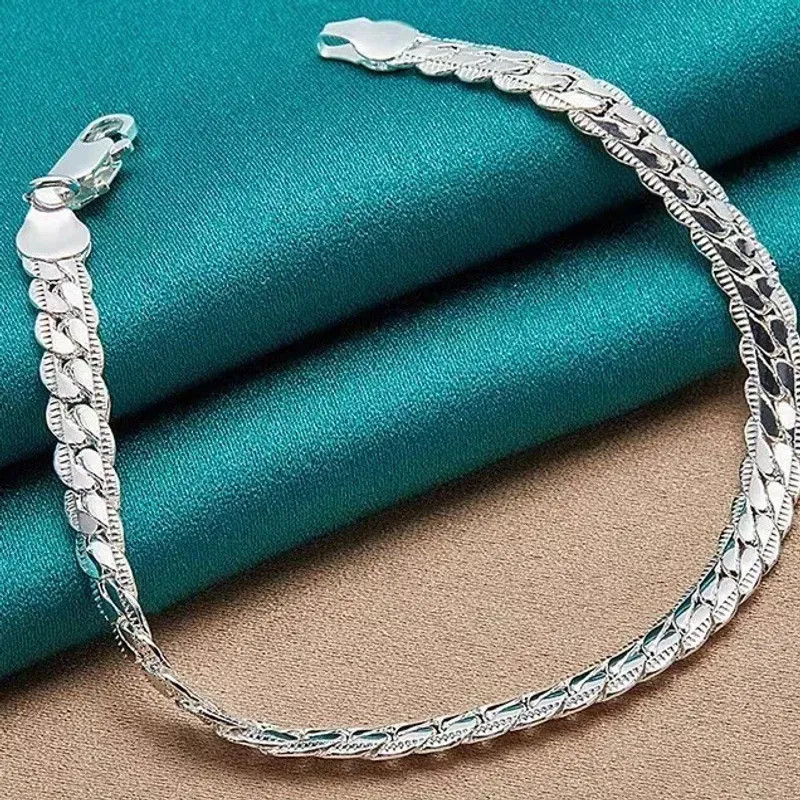 925 Sterling Silver Bracelet 6mm 18/20cm Flat Side Chain Lobster Clasp Bracelet