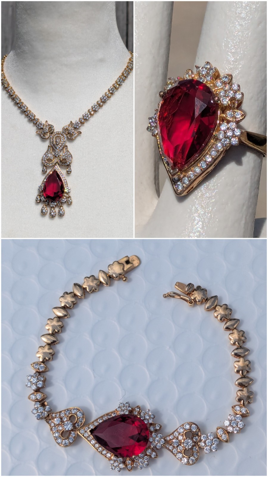 Imitation Ruby & Rhinestones (or CZ) Necklace Bracelet And Ring (sz 8) Set LNWOT