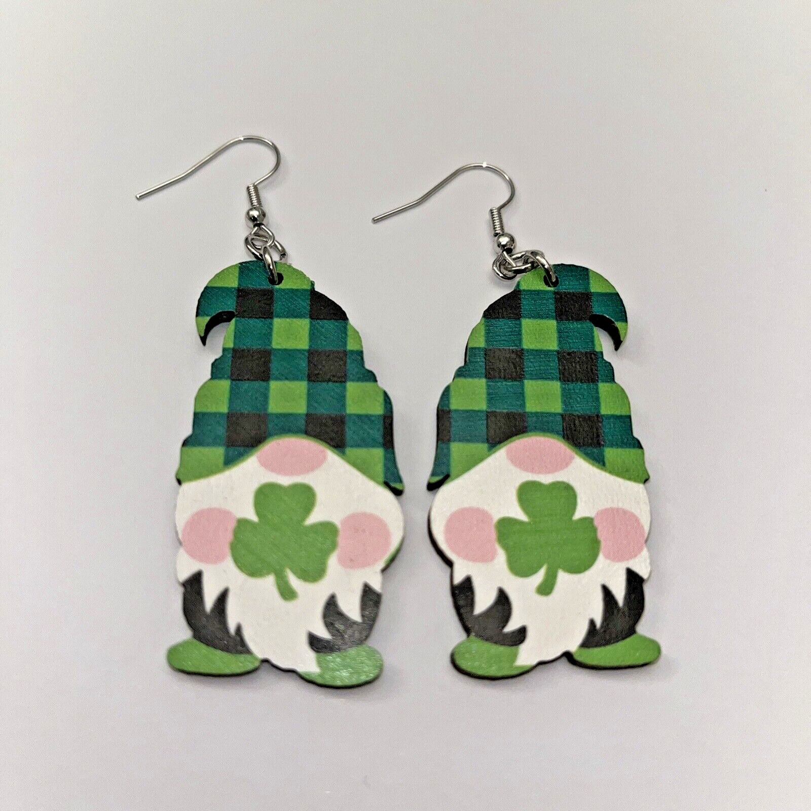 Saint Patrick’s Day Gnome Wood Earrings Double Sided 2″ long x 1″ Wide Brand New