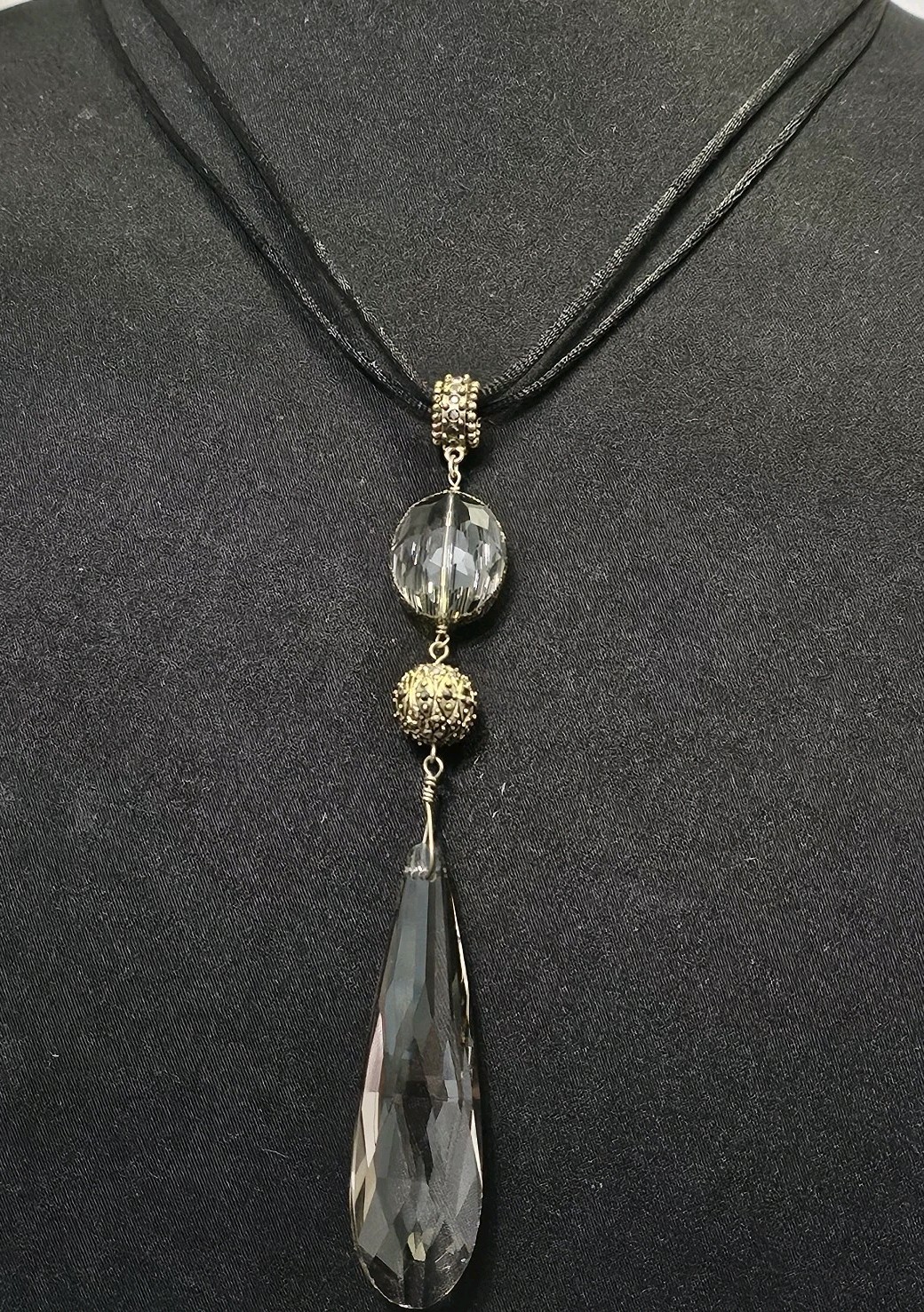 Chicos Smoky Gray Crystal Teardrop Pendant Black Cord Multi Strand Necklace Gold