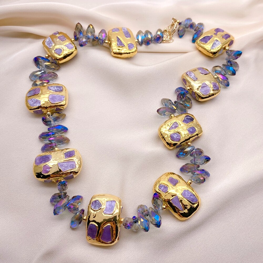 Natural Purple Charoite Chips Rectangle Choker Beaded Necklace