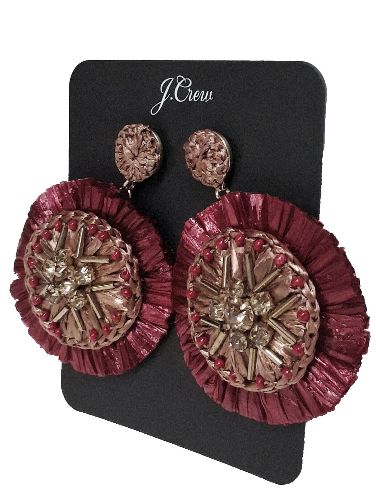J.Crew Sparkle Raffia Statement Earring Rock Red Multi-Color Leather AQ987 NWT