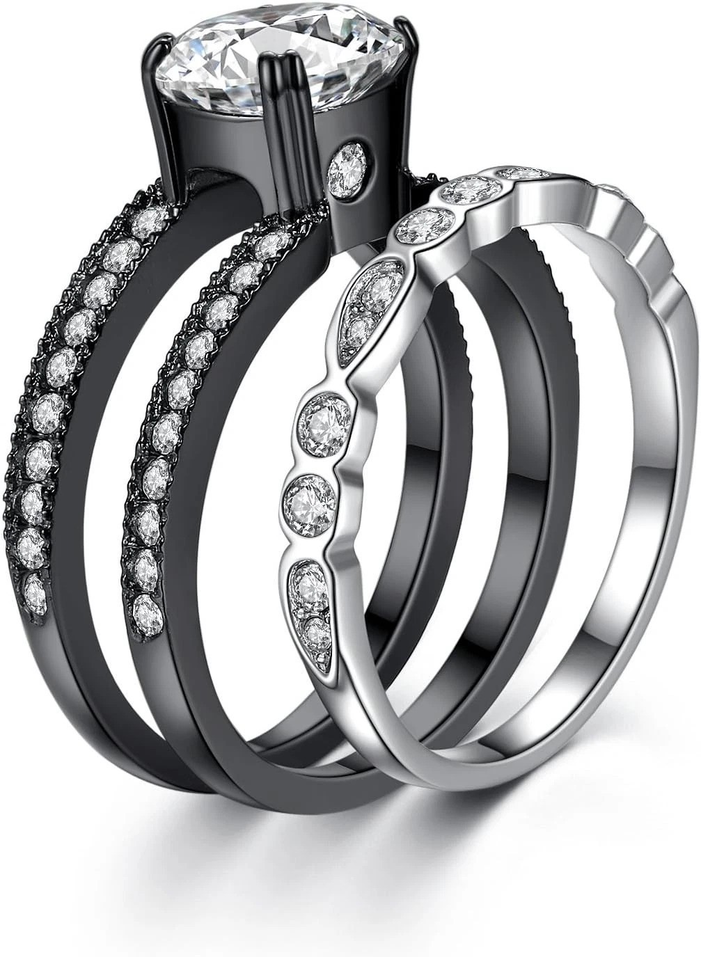 Durable Couple Rings Set: Black Titanium & CZ Engagement Bands for Him & Her