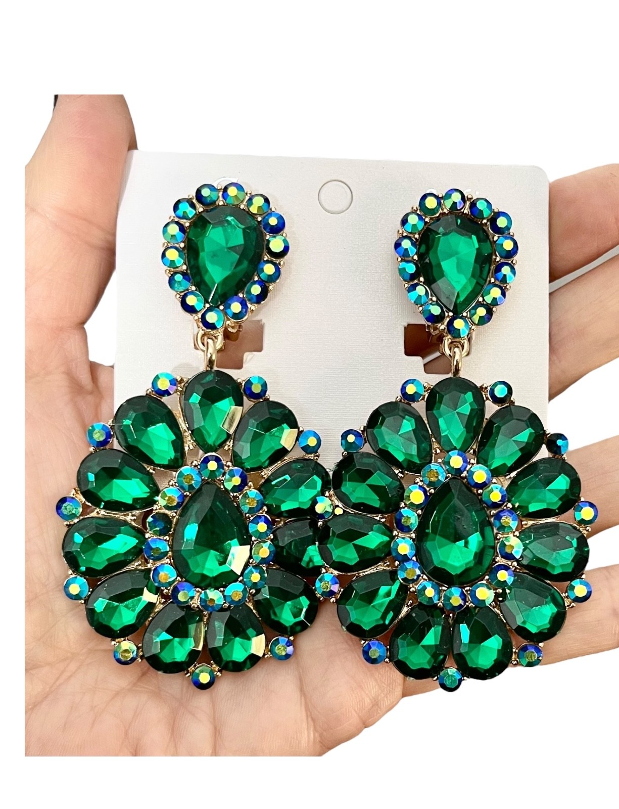 3.25″ Long Cluster Clip On Earrings Forest Green Rhinestones Drag Queen Pageant
