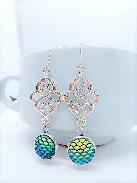 Blue/Green Mermaid Scale Silver Earrings, Beach Earrings