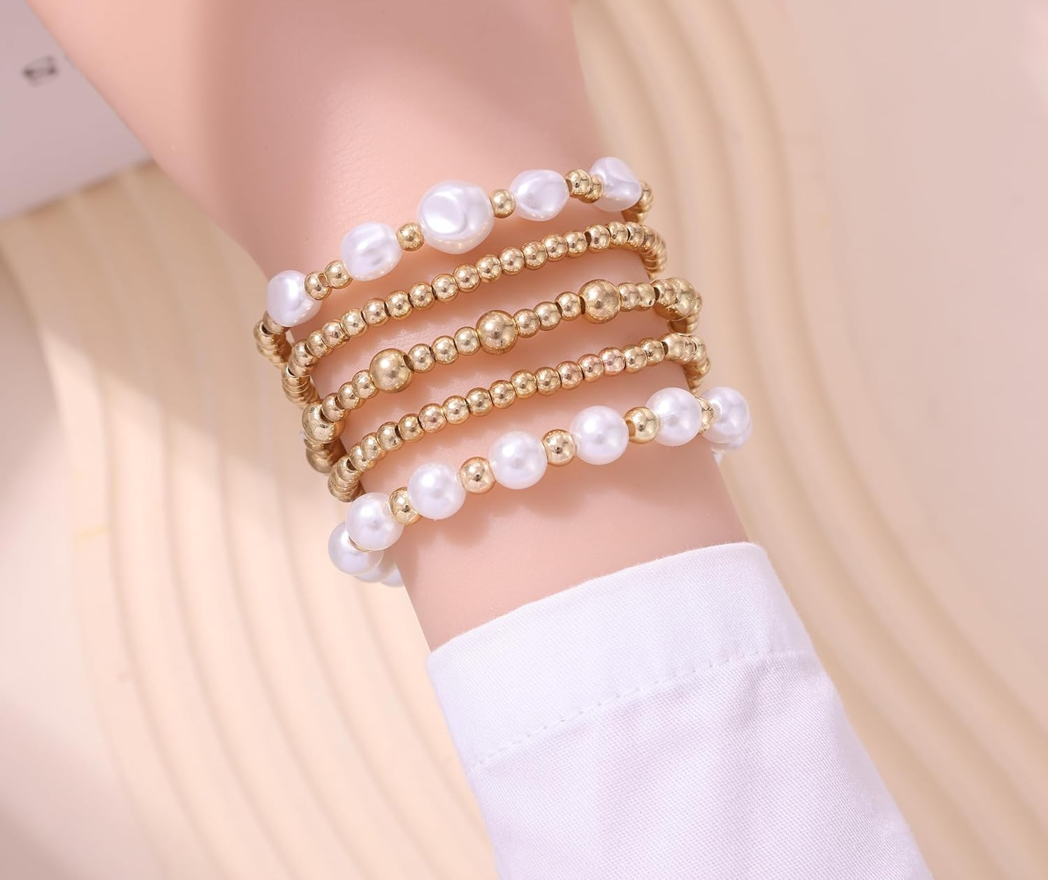 5Pcs Silver Gold Beaded Stretch Bracelet Stack Set Pearl Women Teen Jewelry