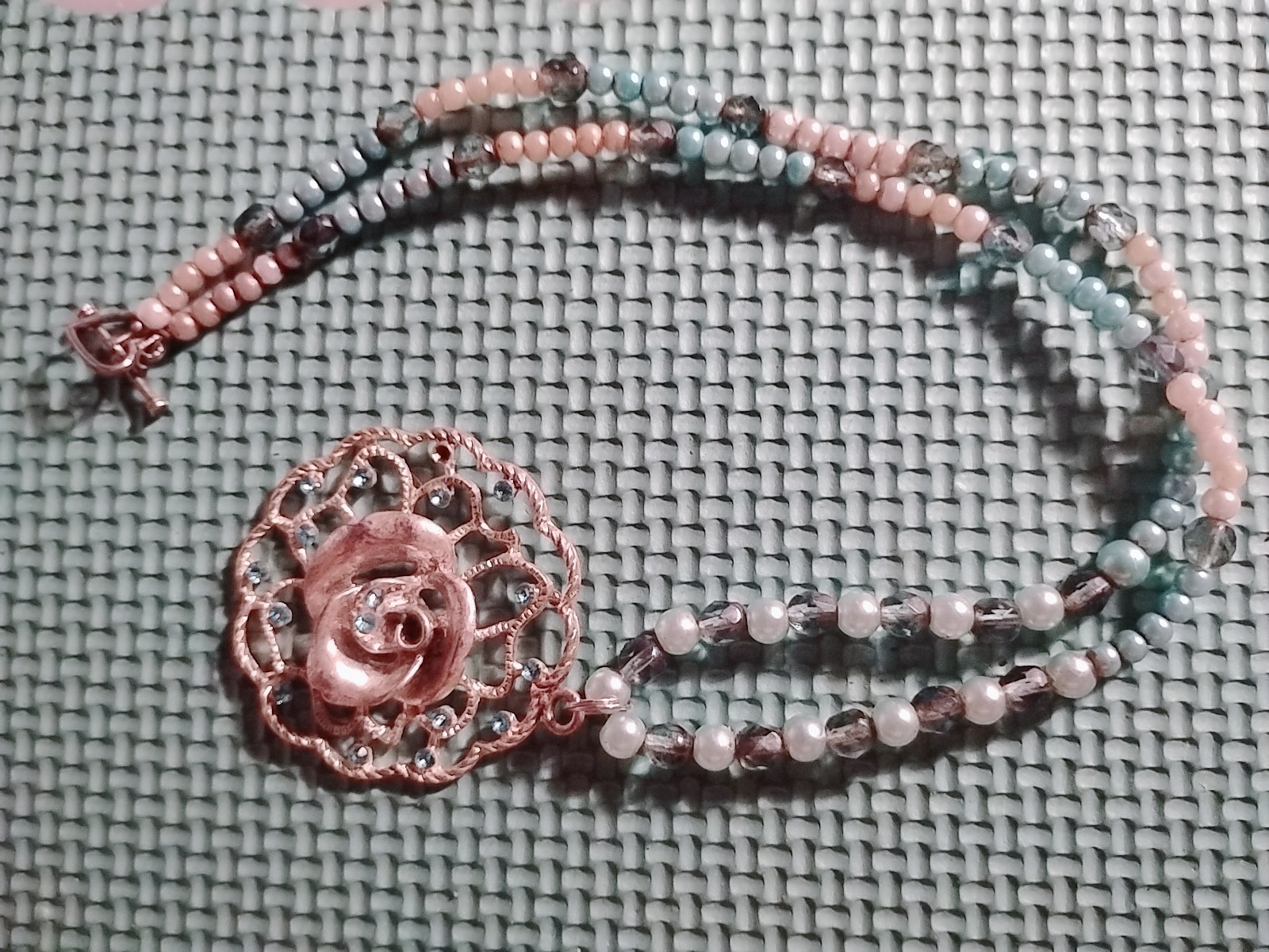 White & Blue Beaded Pearl Necklace Rose Flower Pendant Aqua Stone Silver