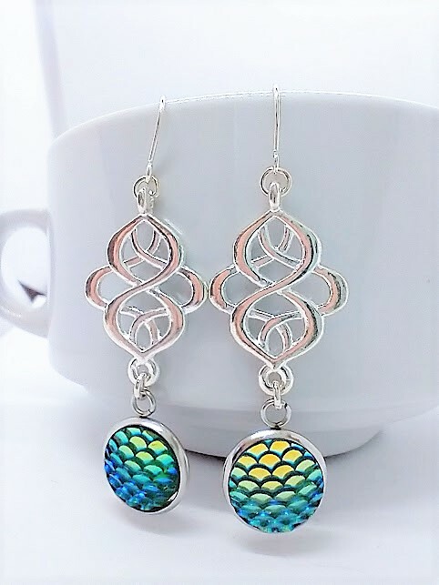 Blue/Green Mermaid Scale Silver Earrings, Beach Earrings