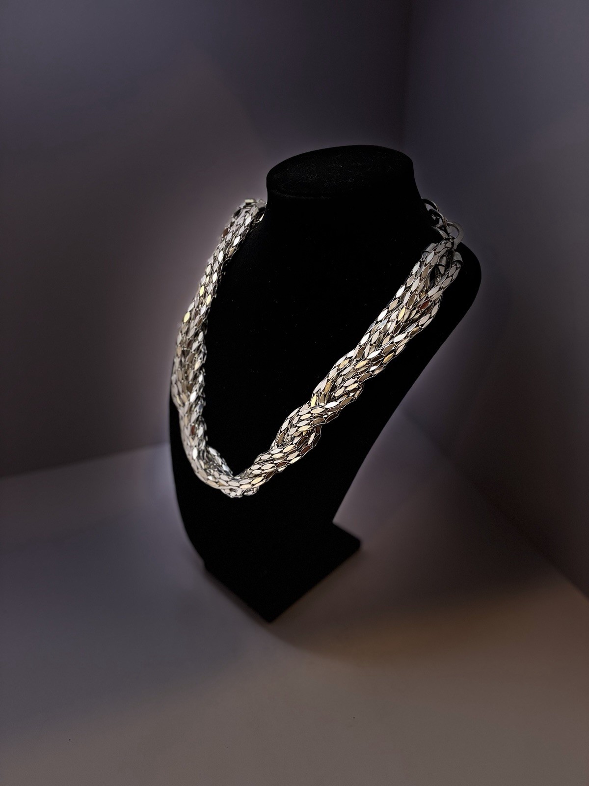 Vintage Multi Strand Braided Panther Mesh Statement Necklace Silvertone 24″