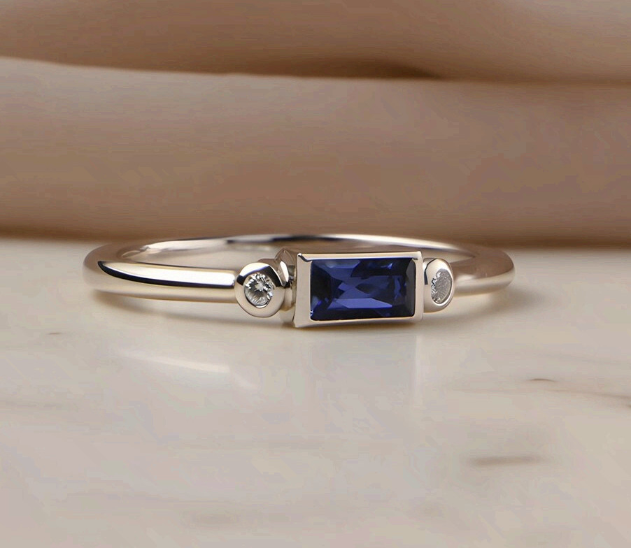 Silver Copper Minimalist Ring Blue Cubic Zirconia Baguette Band