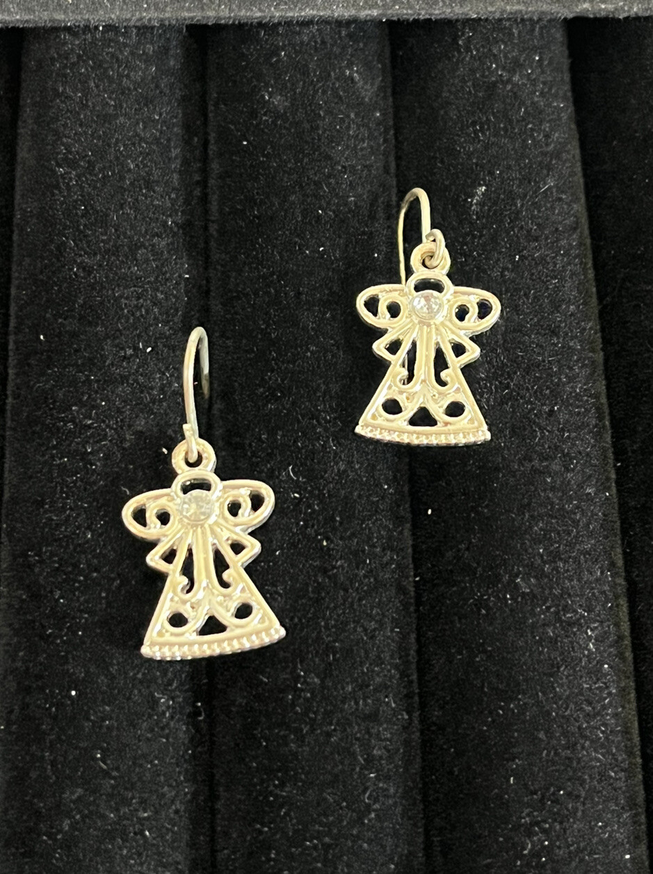 Silver Tone Angel Earrings With Rhinestone Wire Hook 3/4 Inch New Unworn Holiday