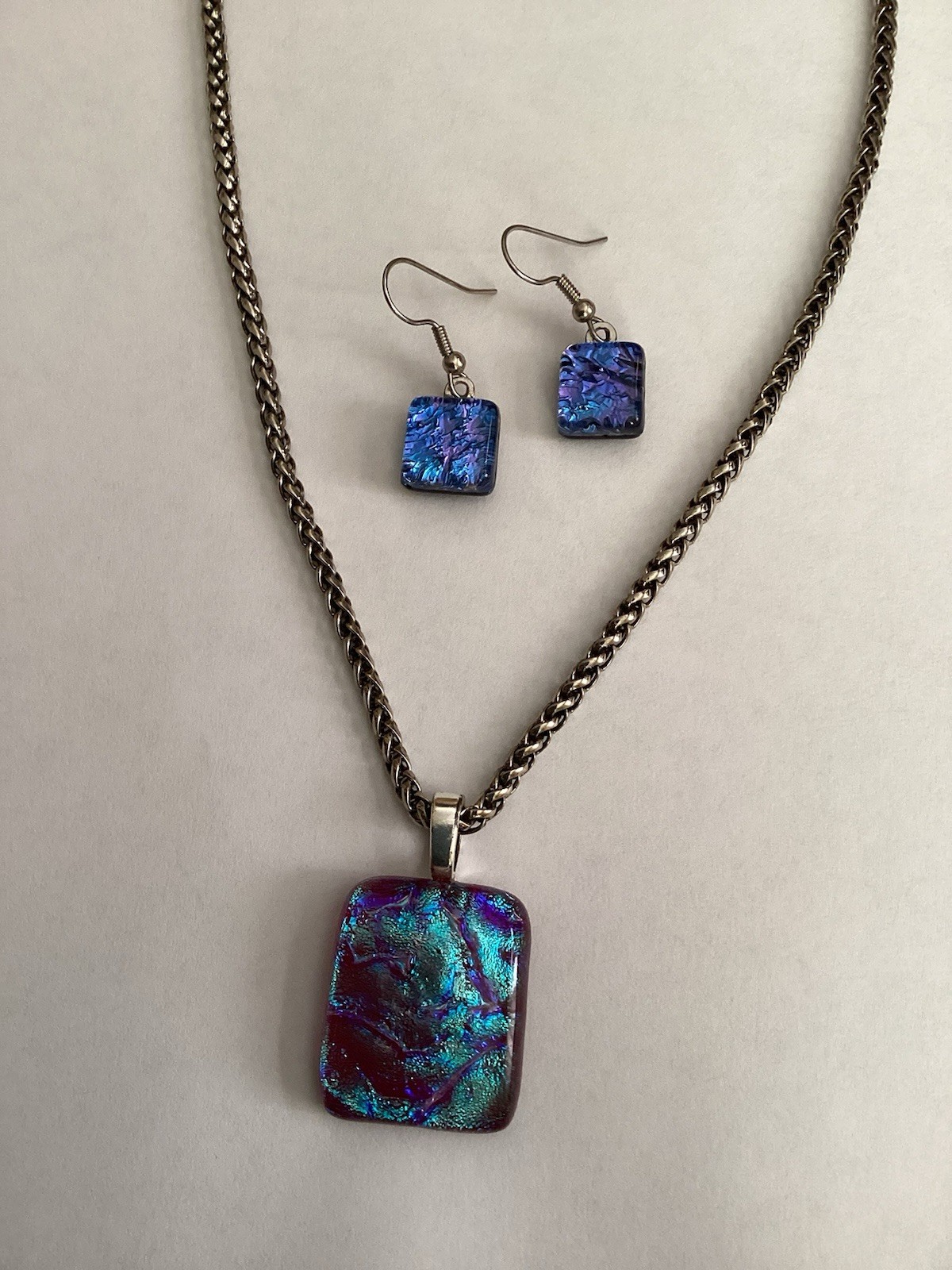 Blue Fused Dichroic Pendant And Matching Earrings On Silver Rope Chain