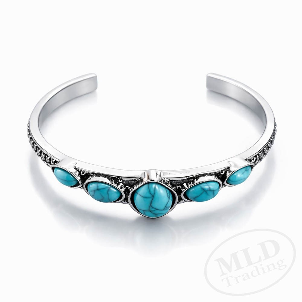 Turquoise Cuff Bracelet – Alloy Silver Tone Natural Stone Southwestern Style