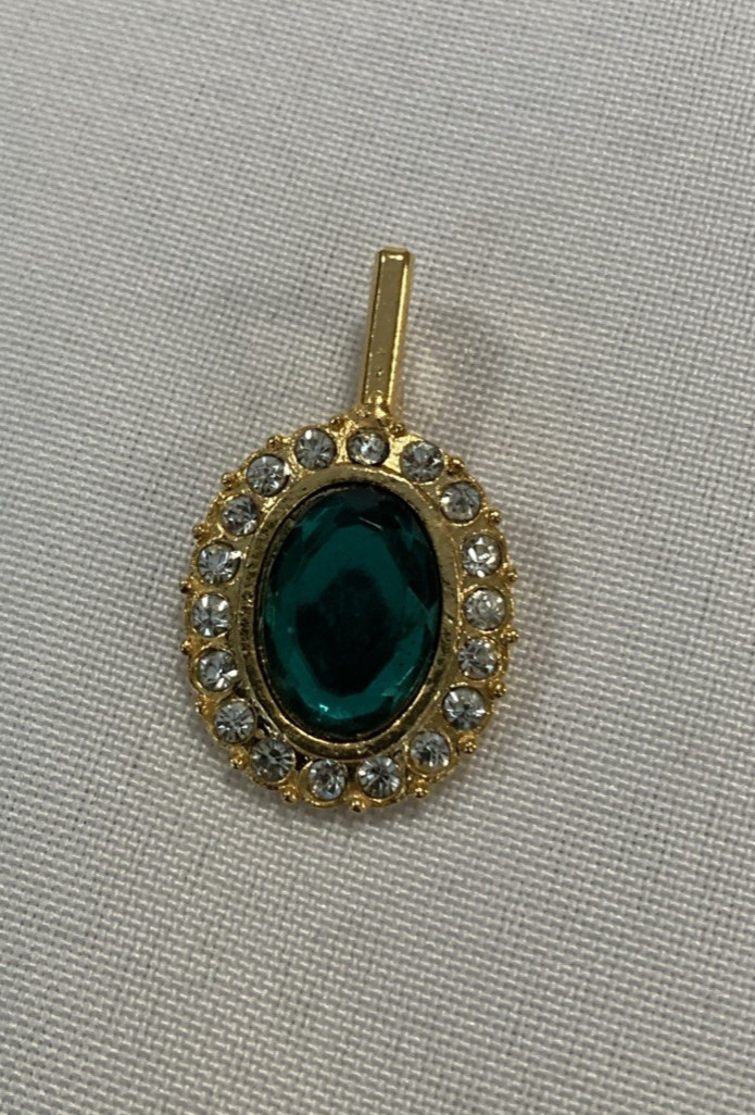 Pendant Gold Tone Faux Emerald Rhinestone 1.25 x .75″ Irish