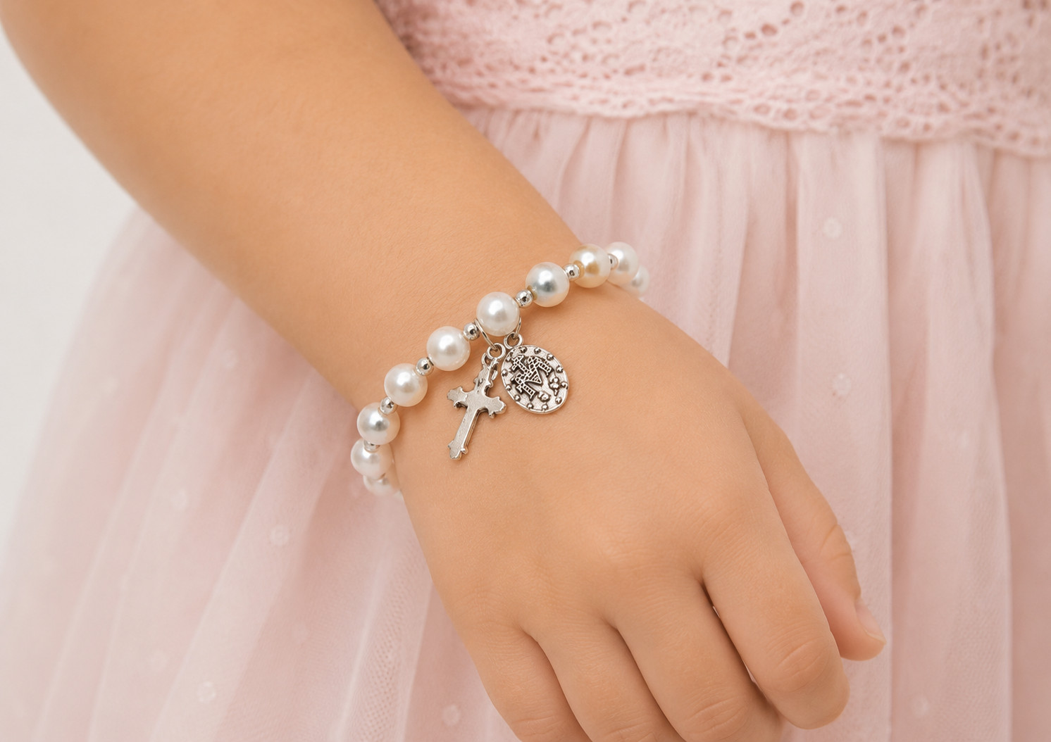 Zinc Alloy Guardian Angel, Crucifix, Miraculous Charm Faux Pearl Rosary Bracelet