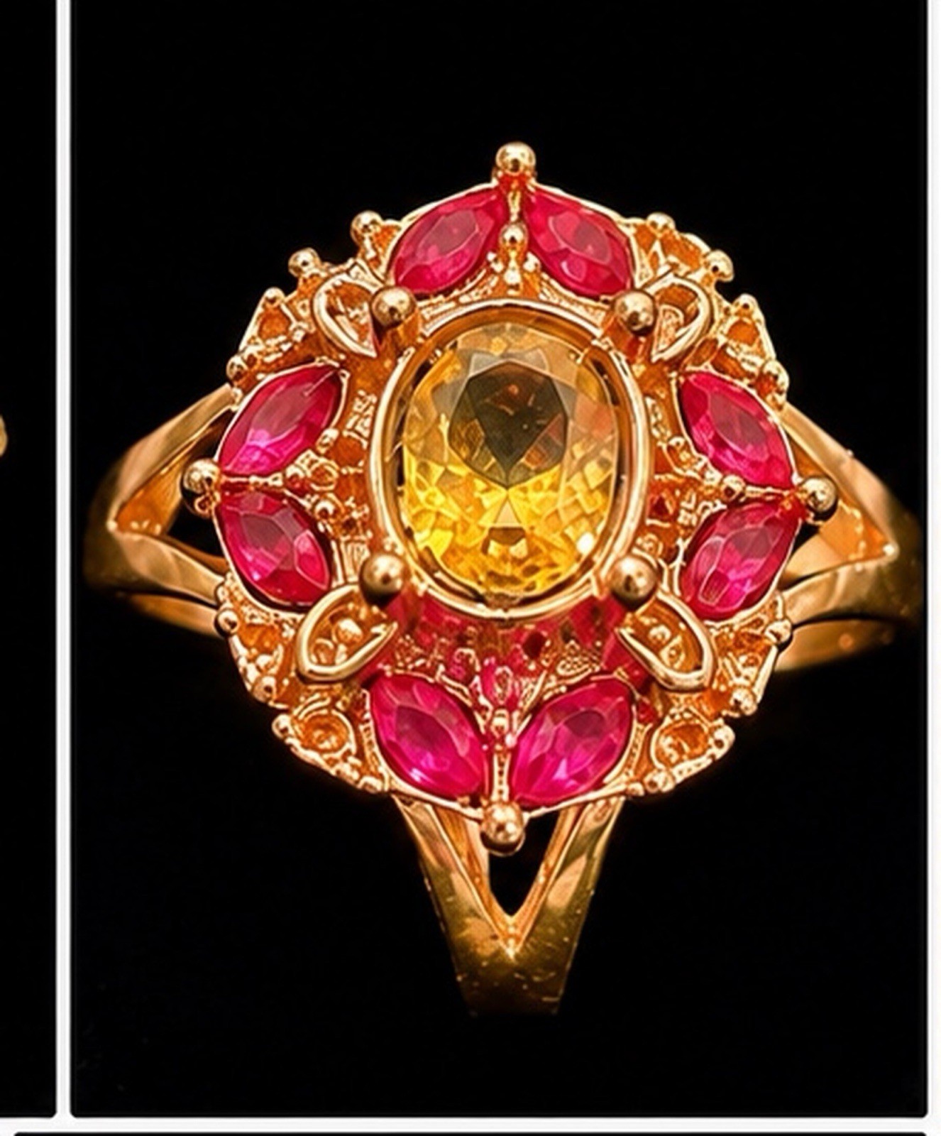 Gold-Tone Cocktail Ring Size 11 Oval Yellow Stone Pink Marquise Halo Prong