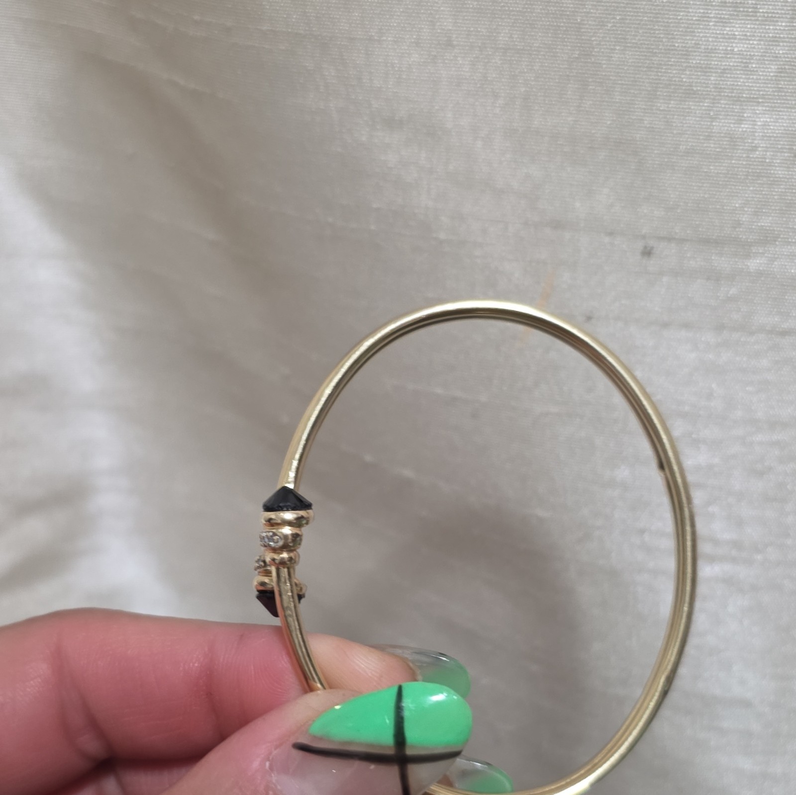 14k Gold Open Bangle Cuff Bracelet w/ Black Stone Ends Rhinestones