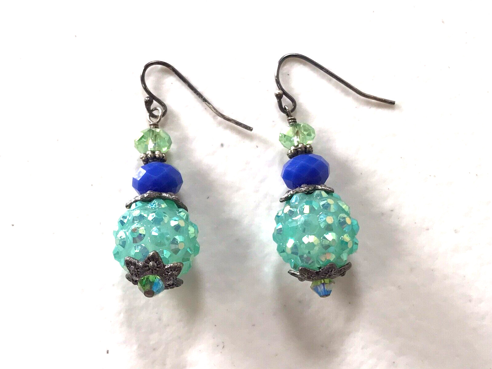 Sterling Silver Green Blue Bead Dazzle Dangle Pierced Earrings 925 Stamped