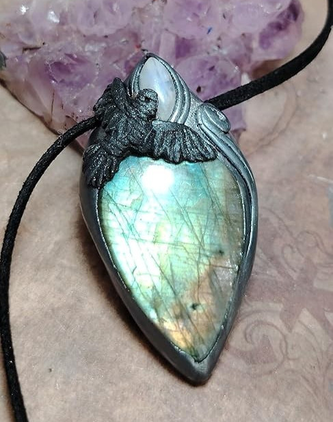 The Morrigan. Crow Wiccan Jewelry. Raven Heart Necklace Pendant. Dark Goddess