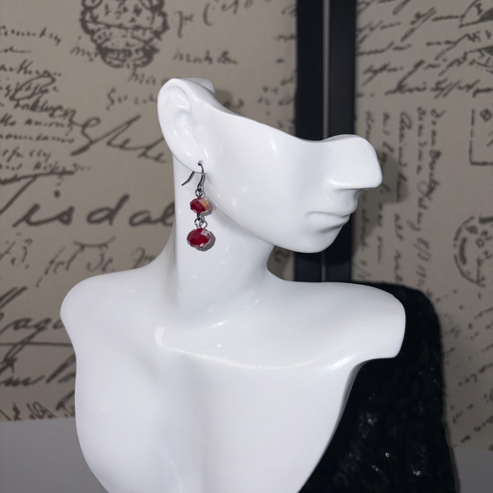 Dark Cherry Red Aurora Borealis Crystal Drop Earrings Hematite Tone Whimsigoth