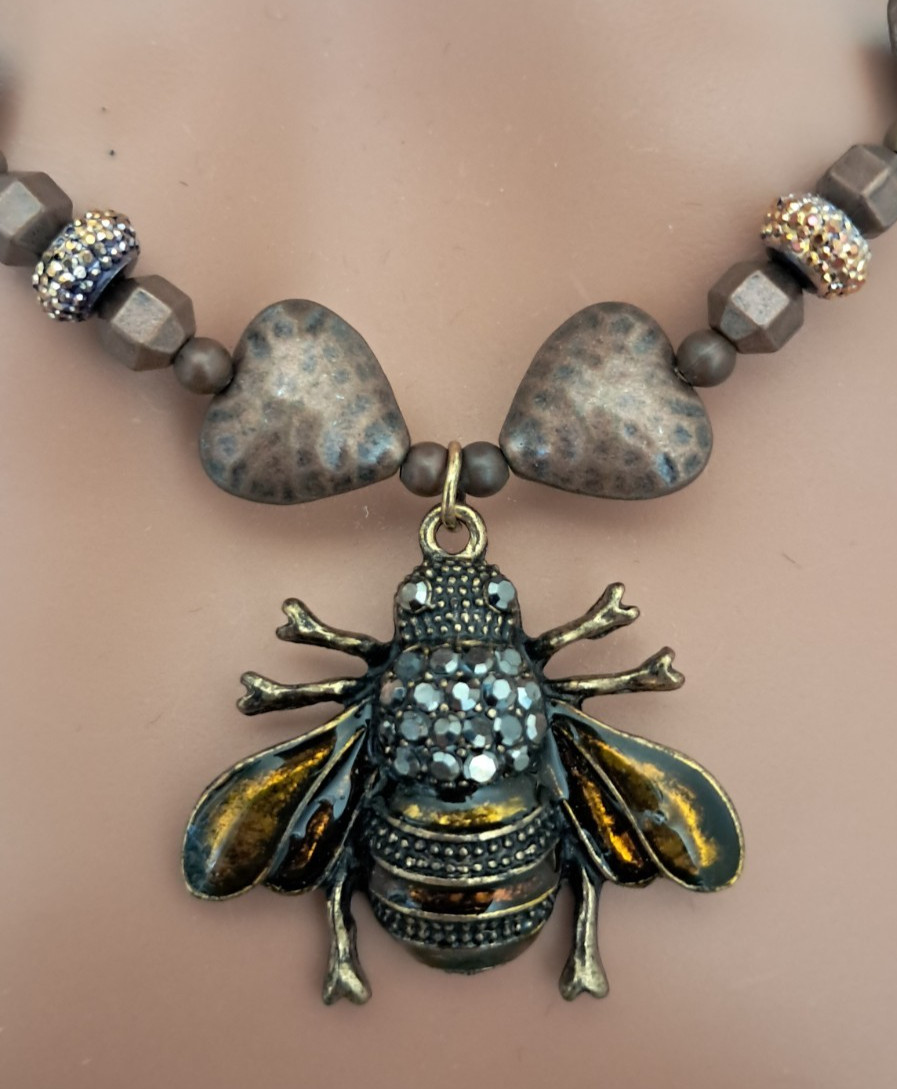 Bee Pendant Hammered Copper Hearts Tigers Eye Rhinestone Necklace & Earring Set