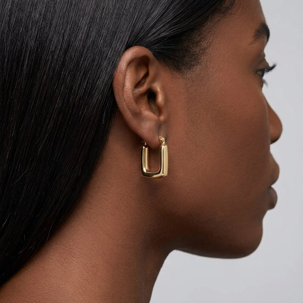 14K Yellow Gold Square Hoop Earrings High Polish Snap Post