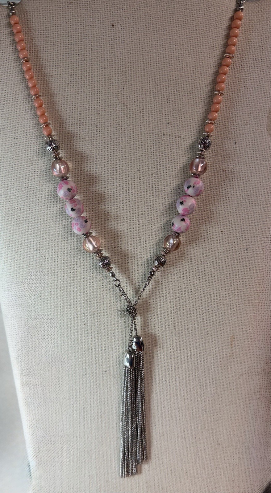 32” Ruby Rd Silver Tone Tassle Necklace With Coral And Pink Clay Beads